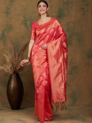 Pitch Color Weaving Work Banarasi silk blend Saree With Blouse 2