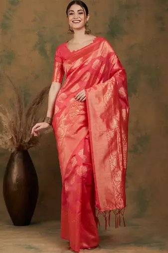 Pitch Color Weaving Work Banarasi silk blend Saree With Blouse