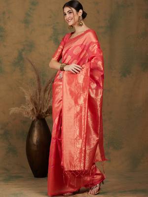 Pitch Color Weaving Work Banarasi silk blend Saree With Blouse 3