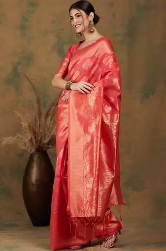 Pitch Color Weaving Work Banarasi silk blend Saree With Blouse