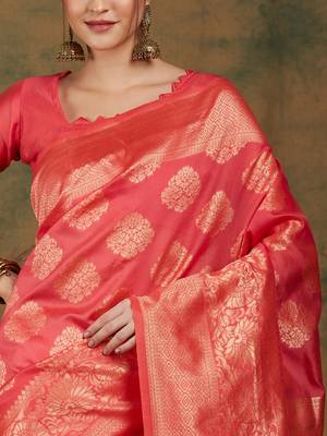 Pitch Color Weaving Work Banarasi silk blend Saree With Blouse 4