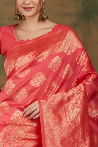 Pitch Color Weaving Work Banarasi silk blend Saree With Blouse