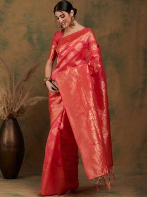 Pitch Color Weaving Work Banarasi silk blend Saree With Blouse 5