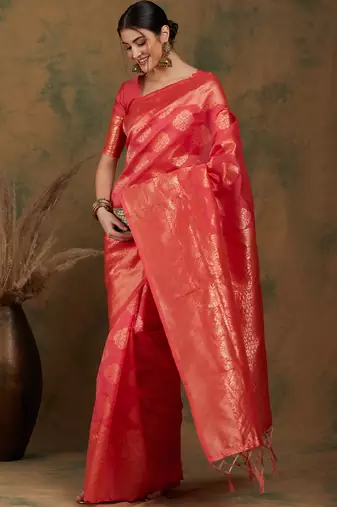 Pitch Color Weaving Work Banarasi silk blend Saree With Blouse
