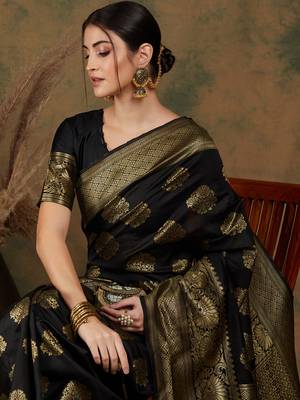 Black Color Weaving Work Banarasi silk blend Saree With Blouse 1