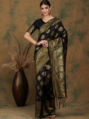 Black Color Weaving Work Banarasi silk blend Saree With Blouse 2