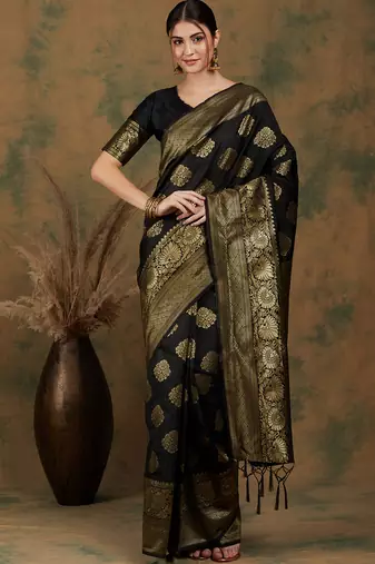 Black Color Weaving Work Banarasi silk blend Saree With Blouse