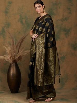 Black Color Weaving Work Banarasi silk blend Saree With Blouse 3