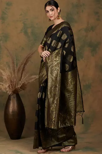Black Color Weaving Work Banarasi silk blend Saree With Blouse