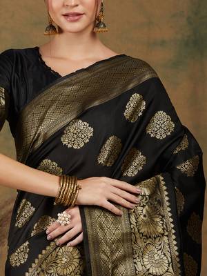 Black Color Weaving Work Banarasi silk blend Saree With Blouse 4