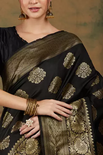 Black Color Weaving Work Banarasi silk blend Saree With Blouse