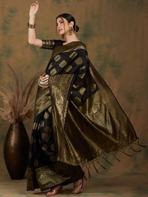 Black Color Weaving Work Banarasi silk blend Saree With Blouse 5