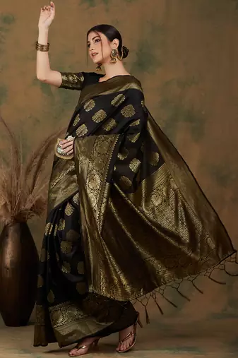 Black Color Weaving Work Banarasi silk blend Saree With Blouse