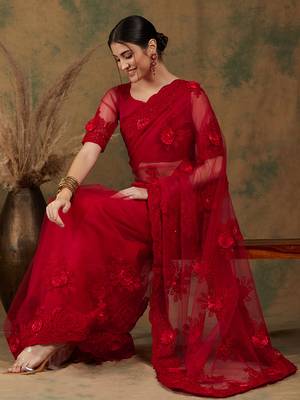 Red Color Embroderied Work Net Saree With Blouse 1