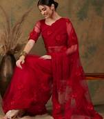 Red Color Embroderied Work Net Saree With Blouse