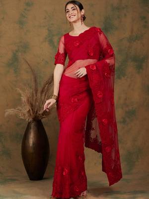 Red Color Embroderied Work Net Saree With Blouse 2