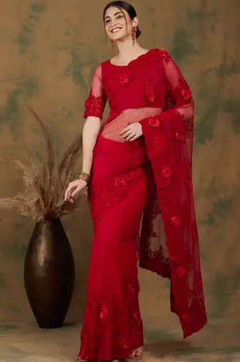 Red Color Embroderied Work Net Saree With Blouse