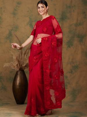 Red Color Embroderied Work Net Saree With Blouse 3