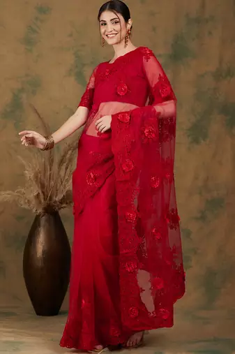 Red Color Embroderied Work Net Saree With Blouse