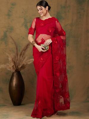 Red Color Embroderied Work Net Saree With Blouse 4