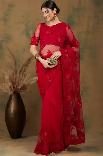Red Color Embroderied Work Net Saree With Blouse