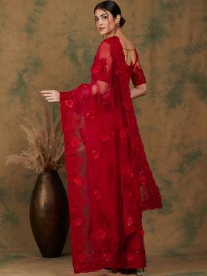Red Color Embroderied Work Net Saree With Blouse 5
