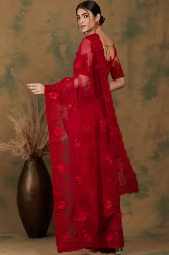 Red Color Embroderied Work Net Saree With Blouse