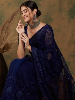 Navy Blue Net Floral Embroidered Saree with Blouse 1