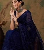 Navy Blue Net Floral Embroidered Saree with Blouse