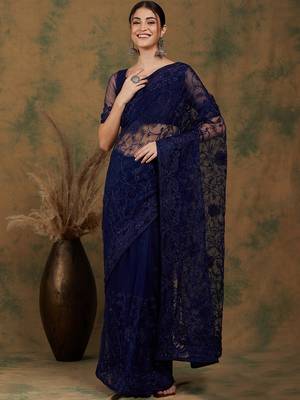 Navy Blue Net Floral Embroidered Saree with Blouse 2