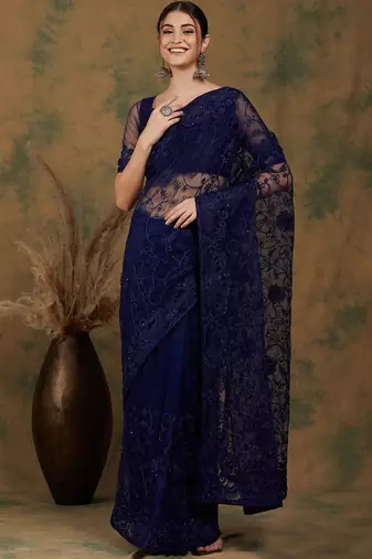 Navy Blue Net Floral Embroidered Saree with Blouse