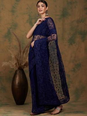 Navy Blue Net Floral Embroidered Saree with Blouse 3