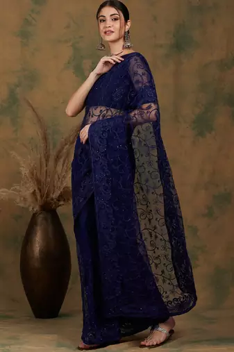 Navy Blue Net Floral Embroidered Saree with Blouse