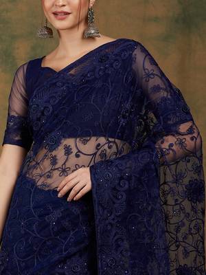 Navy Blue Net Floral Embroidered Saree with Blouse 4