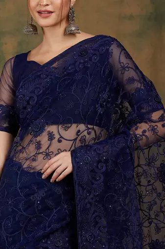 Navy Blue Net Floral Embroidered Saree with Blouse