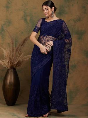 Navy Blue Net Floral Embroidered Saree with Blouse 5