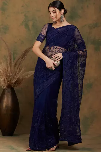Navy Blue Net Floral Embroidered Saree with Blouse