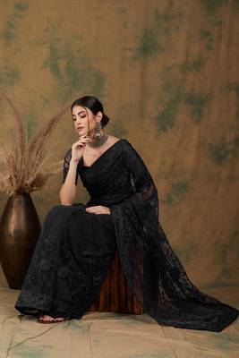 Black color embroderied work net saree with blouse 1