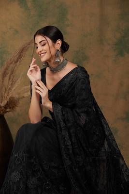 Black color embroderied work net saree with blouse 2