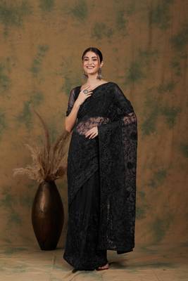 Black color embroderied work net saree with blouse 3