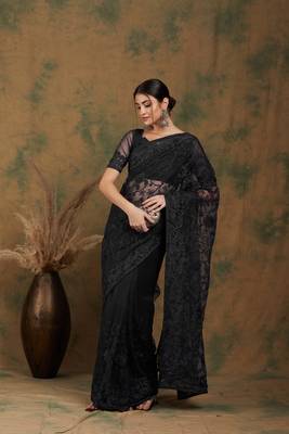 Black color embroderied work net saree with blouse 4