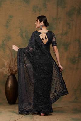 Black color embroderied work net saree with blouse 5