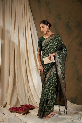 Olive Green Color Weaving Work Banarasi silk blend Saree With Blouse 1