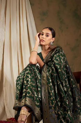 Olive Green Color Weaving Work Banarasi silk blend Saree With Blouse