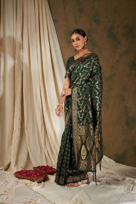 Olive Green Color Weaving Work Banarasi silk blend Saree With Blouse 4