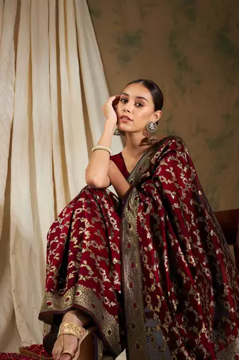 Maroon Color Weaving Work Banarasi silk blend Saree With Blouse