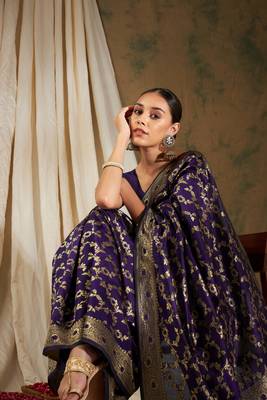 Wine Color Weaving Work Banarasi silk blend Saree With Blouse 1