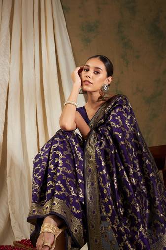 Wine Color Weaving Work Banarasi silk blend Saree With Blouse
