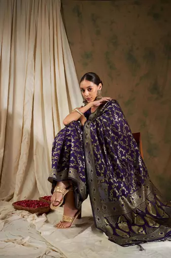 Wine Color Weaving Work Banarasi silk blend Saree With Blouse