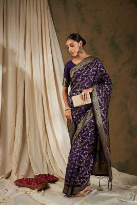 Wine Color Weaving Work Banarasi silk blend Saree With Blouse 3